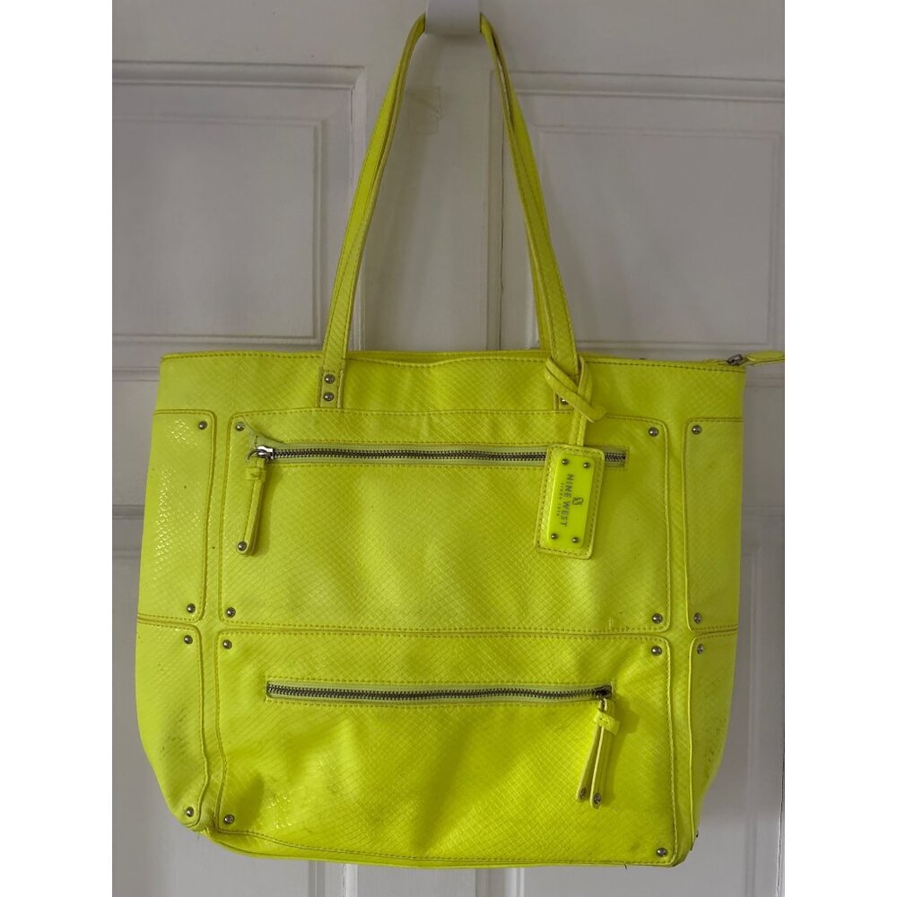 Nine West Bright Yellow Tote Bag With Multiple Zipper Pockets & Printed Interior